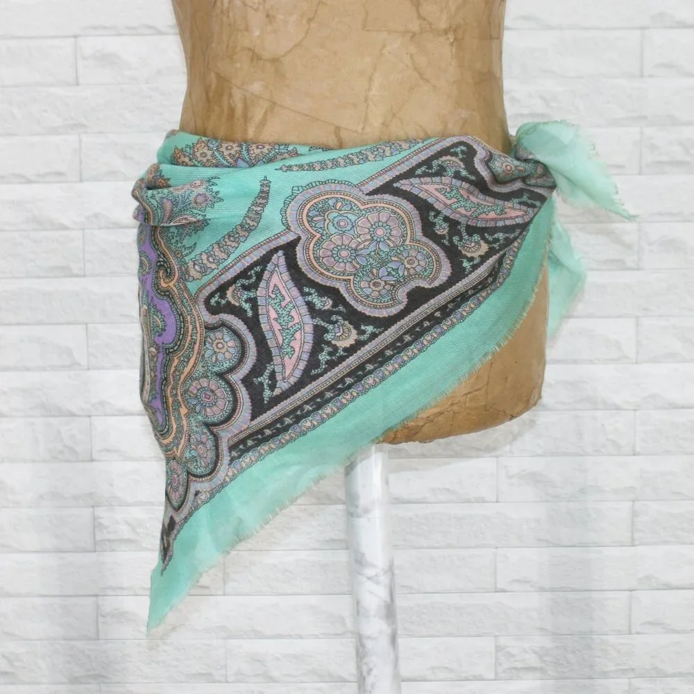 VINTAGE Scarf Square Floral Headscarf Colorful Woven Paisley Aqua Pastel Spring